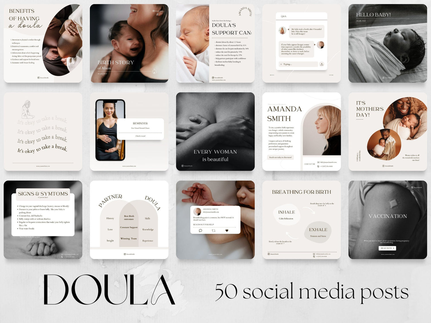 50 Doula Post Templates made in free Canva for Social Media