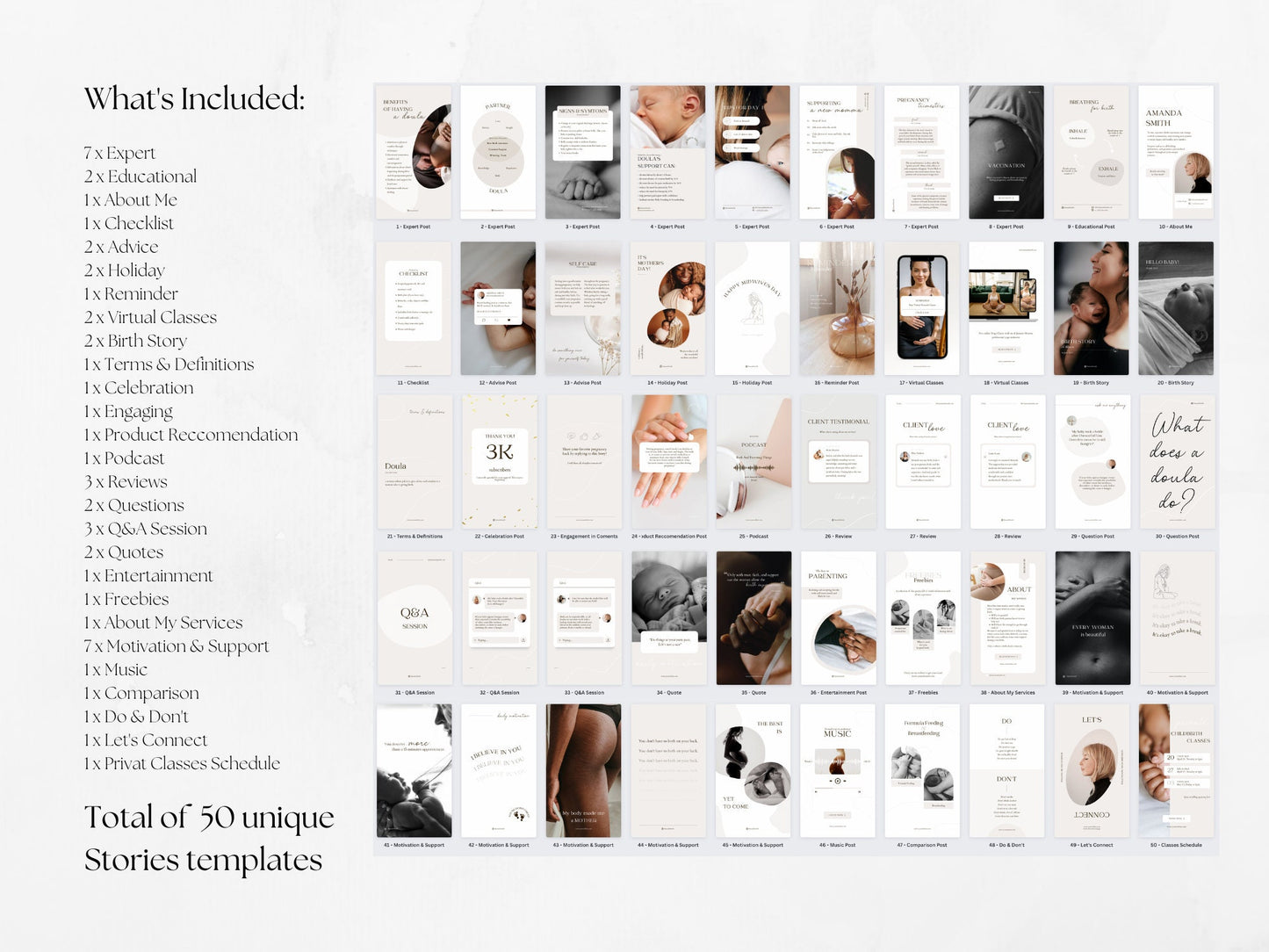 50 Doula Story Templates