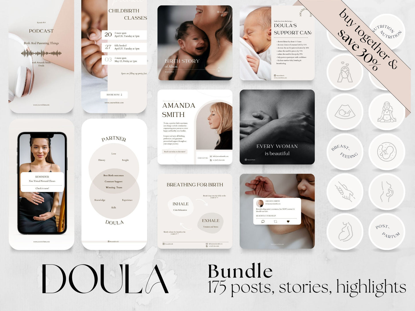 175 Doula Bundle: Post, Story, and Highlight Cover Templates made in free Canva for Social Media