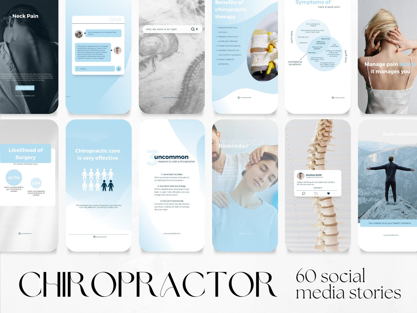 60 Chiropractor Story Templates made in free Canva for Social Media