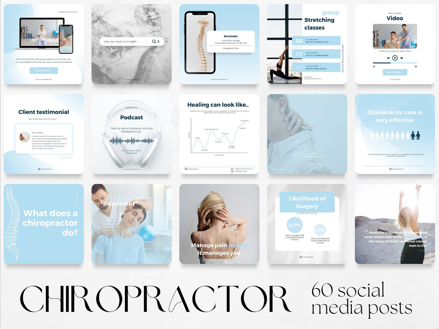 60 Chiropractor Post Templates made in free Canva for Social Media