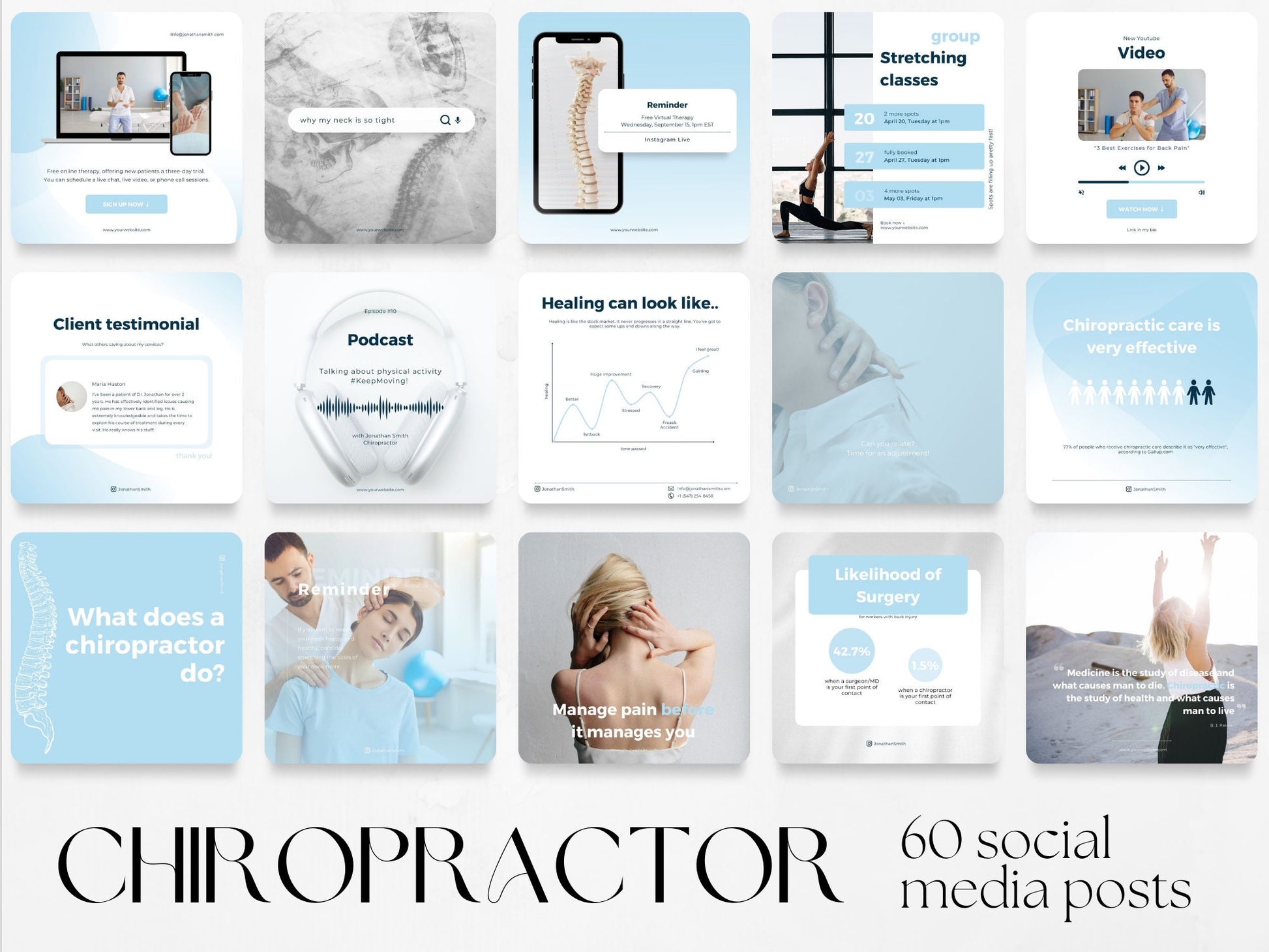 60 Chiropractor Post Templates made in free Canva for Social Media