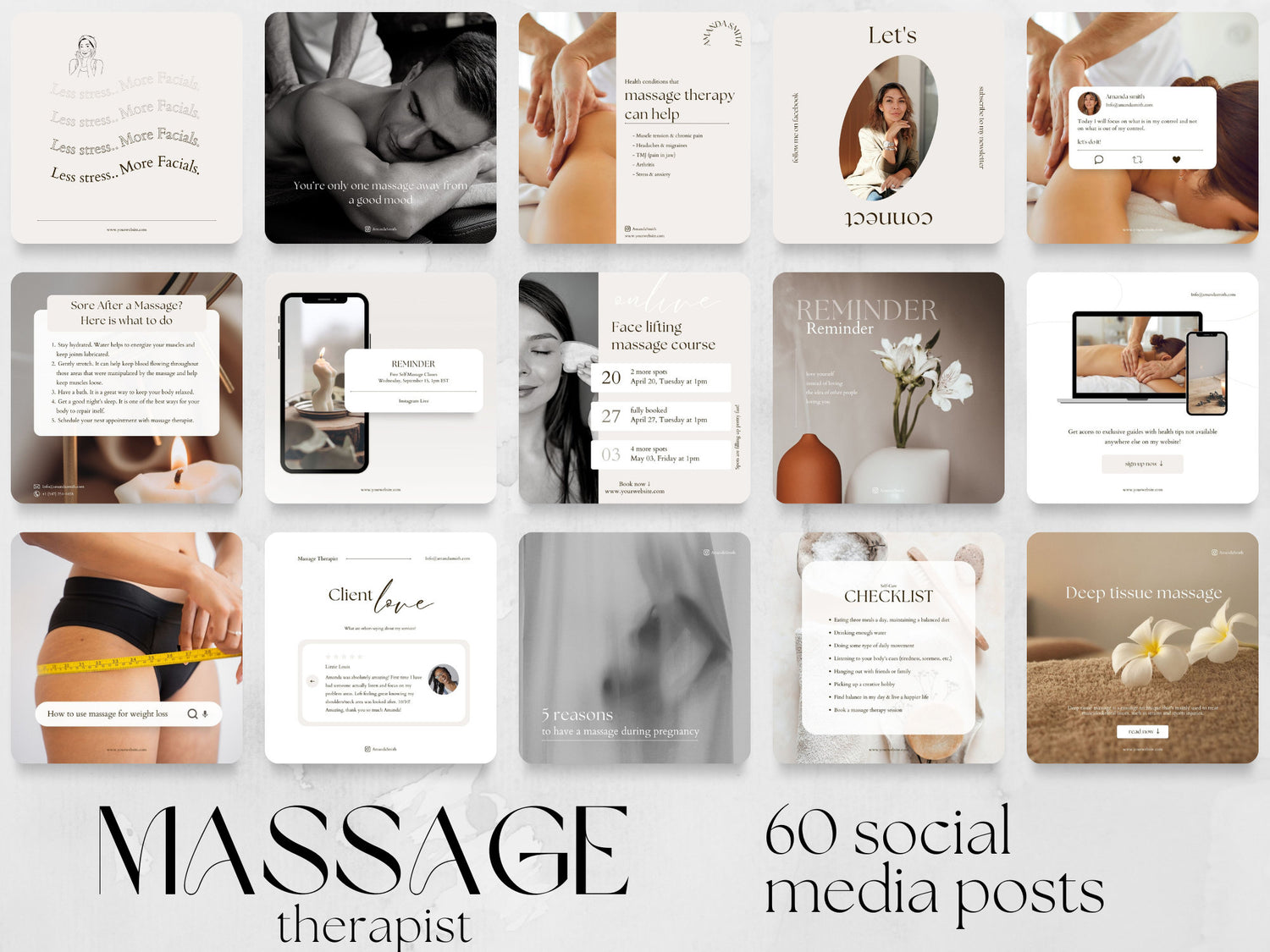 60 Massage Therapist Post Templates made in free Canva for Social Media