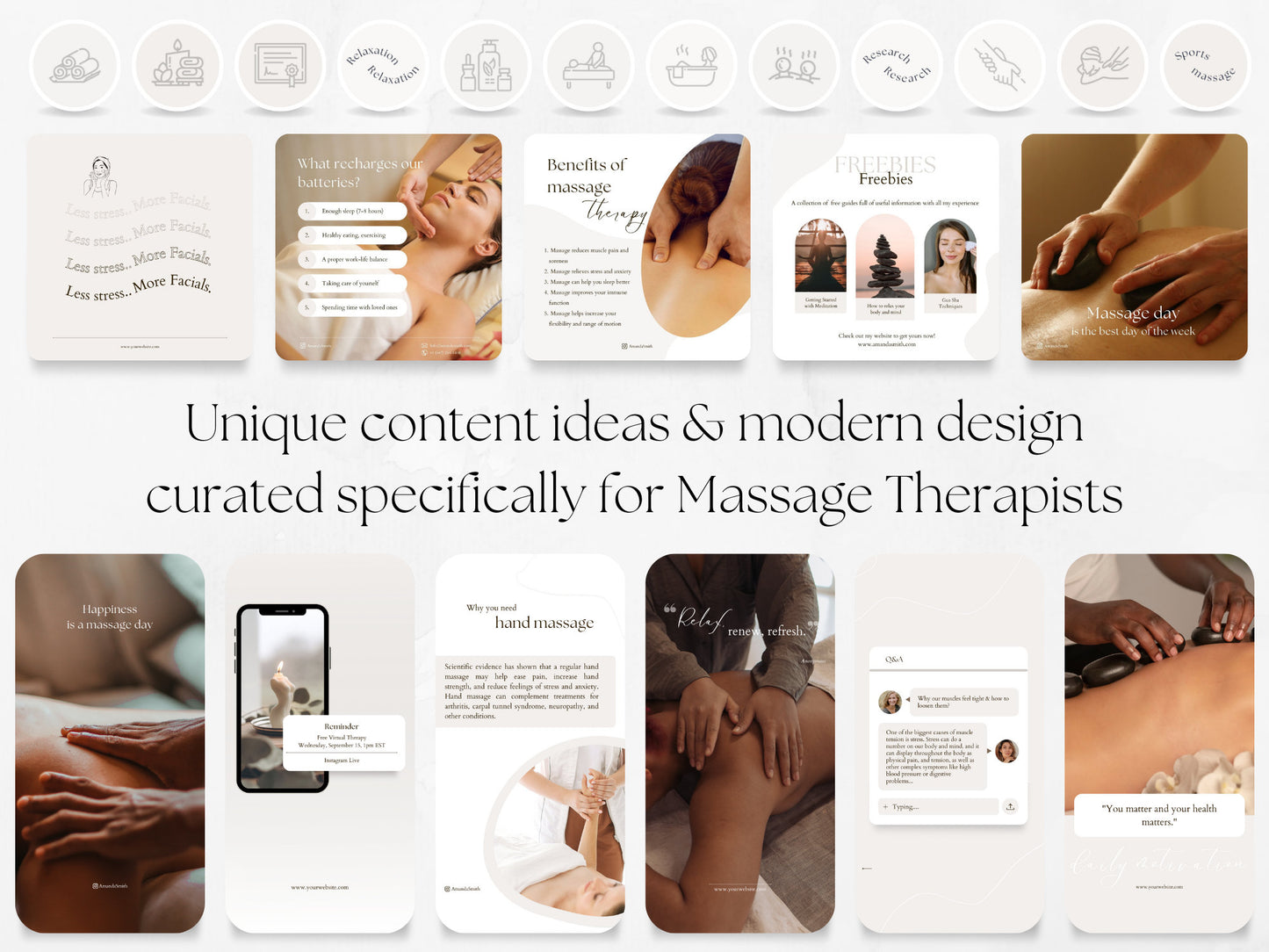 200 Massage Therapist Bundle: Post, Story, and Highlight Cover Templates