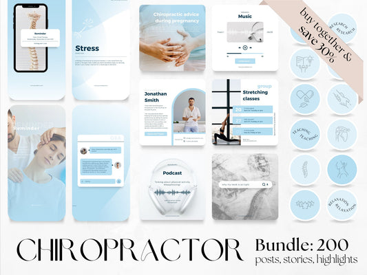 200 Chiropractor Bundle: Post, Story, and Highlight Cover Templates made in free Canva for Social Media