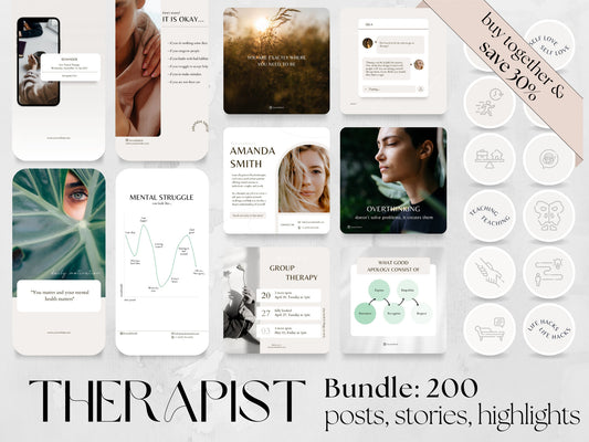 200 Psychologist Bundle: Post, Story, and Highlight Cover Templates made in free Canva for Social Media