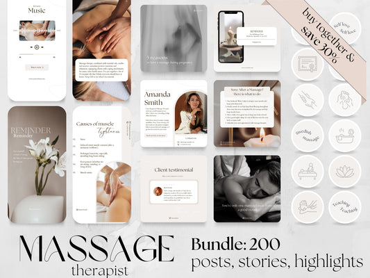 200 Massage Therapist Bundle: Post, Story, and Highlight Cover Templates made in free Canva for Social Media