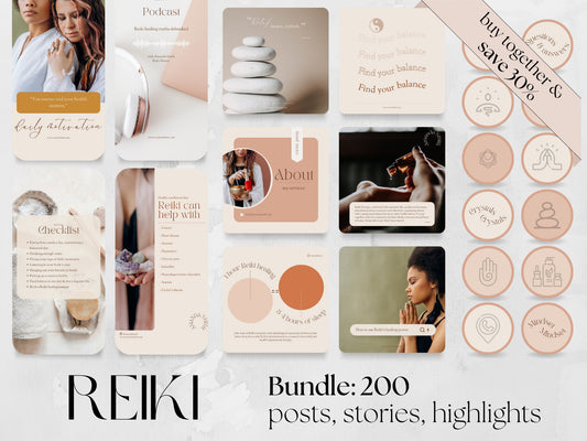 200 Reiki Master Bundle: Post, Story, and Highlight Cover Templates made in free Canva for Social Media