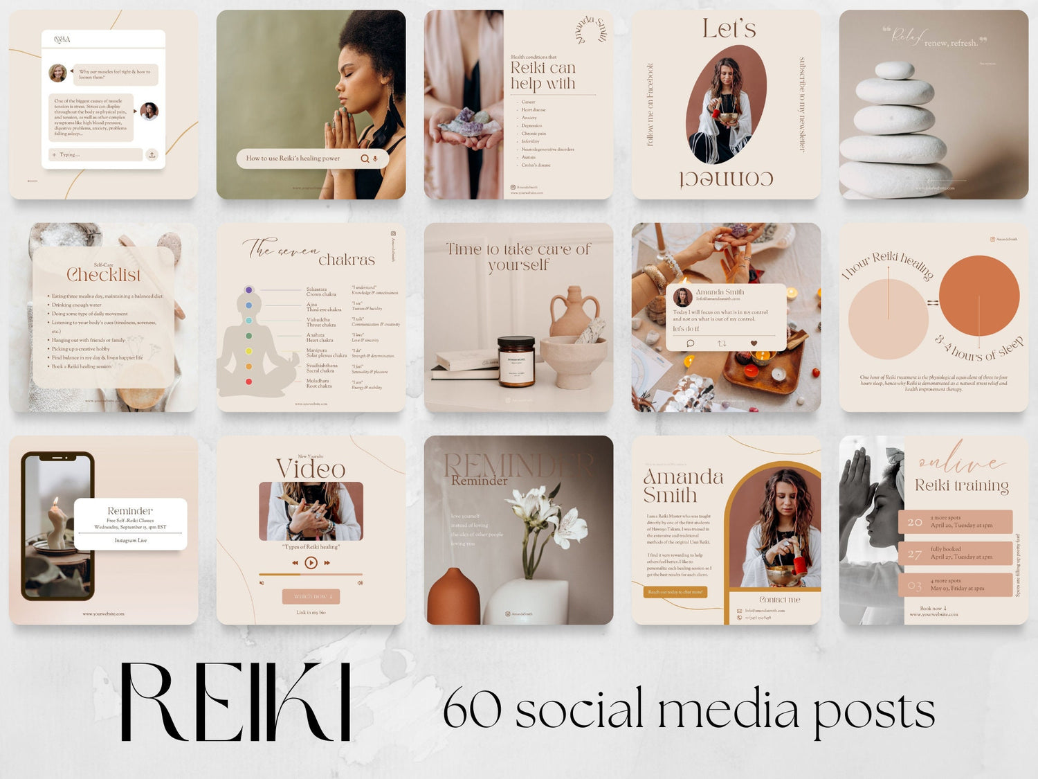 60 Reiki Master Post Templates made in free Canva for Social Media