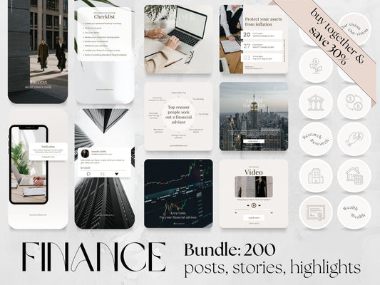 200 Financial Advisor Bundle: Post, Story, and Highlight Cover Templates made in free Canva for Social Media