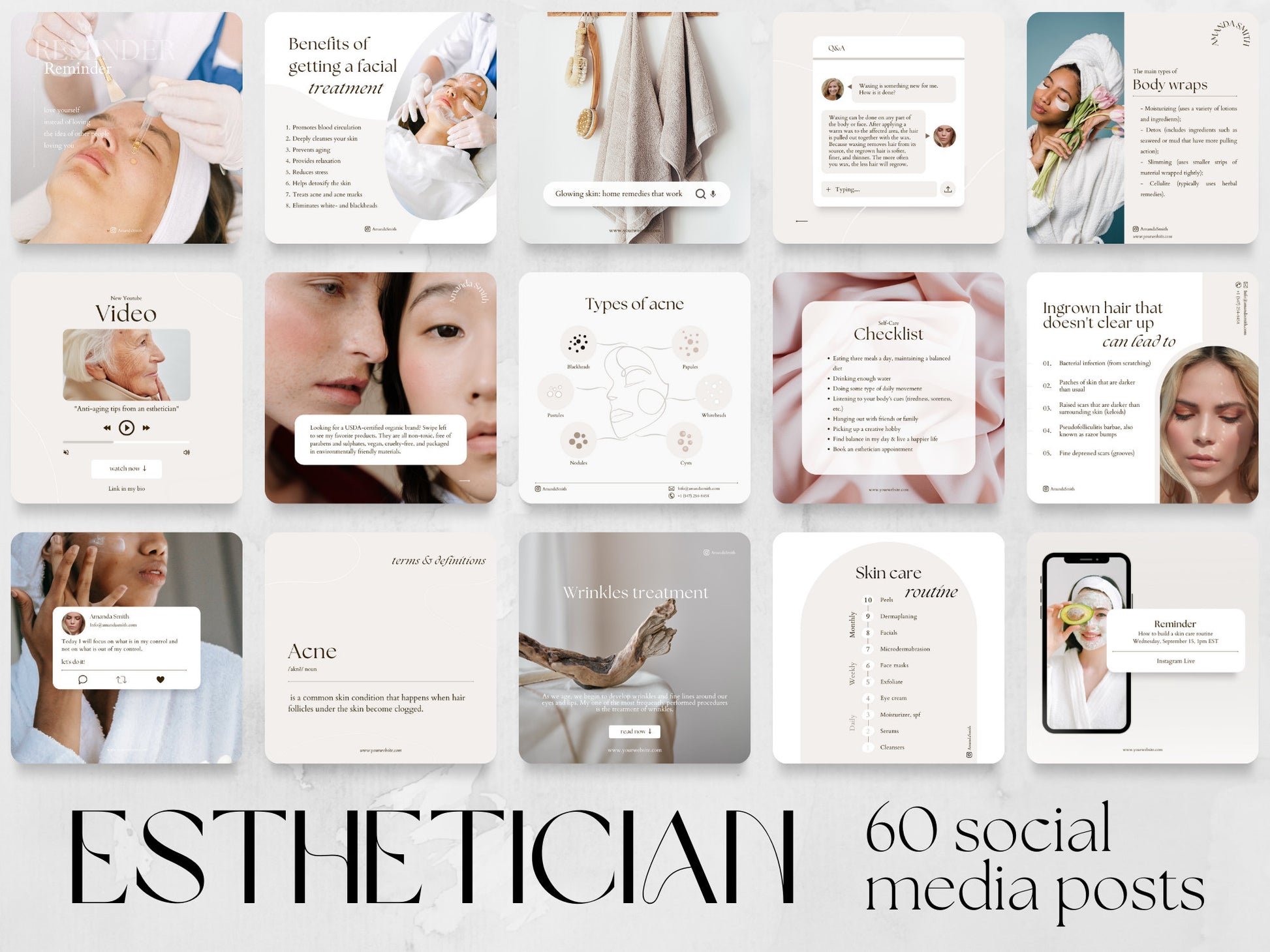 60 Esthetician Post Templates made in free Canva for Social Media