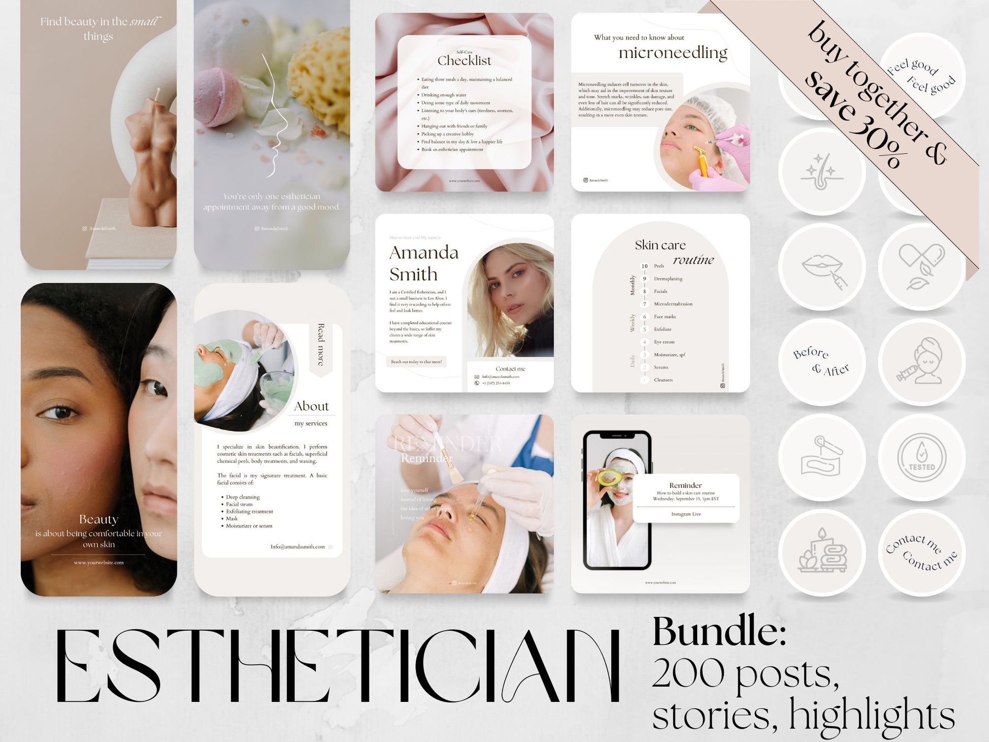 200 Esthetician Bundle: Post, Story, and Highlight Cover Templates made in free Canva for Social Media