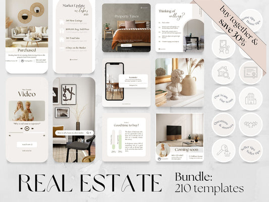 210 Real Estate Bundle: Post, Story, and Highlight Cover Templates made in free Canva for Social Media