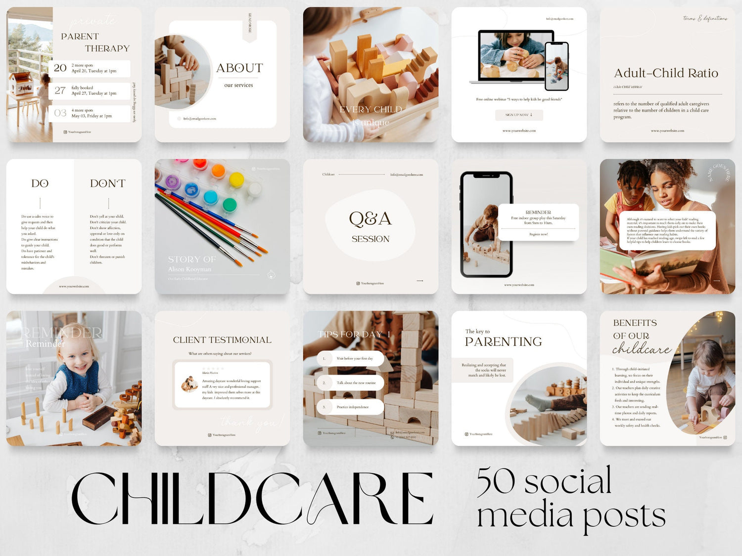 50 Childcare Post Templates made in free Canva for Social Media