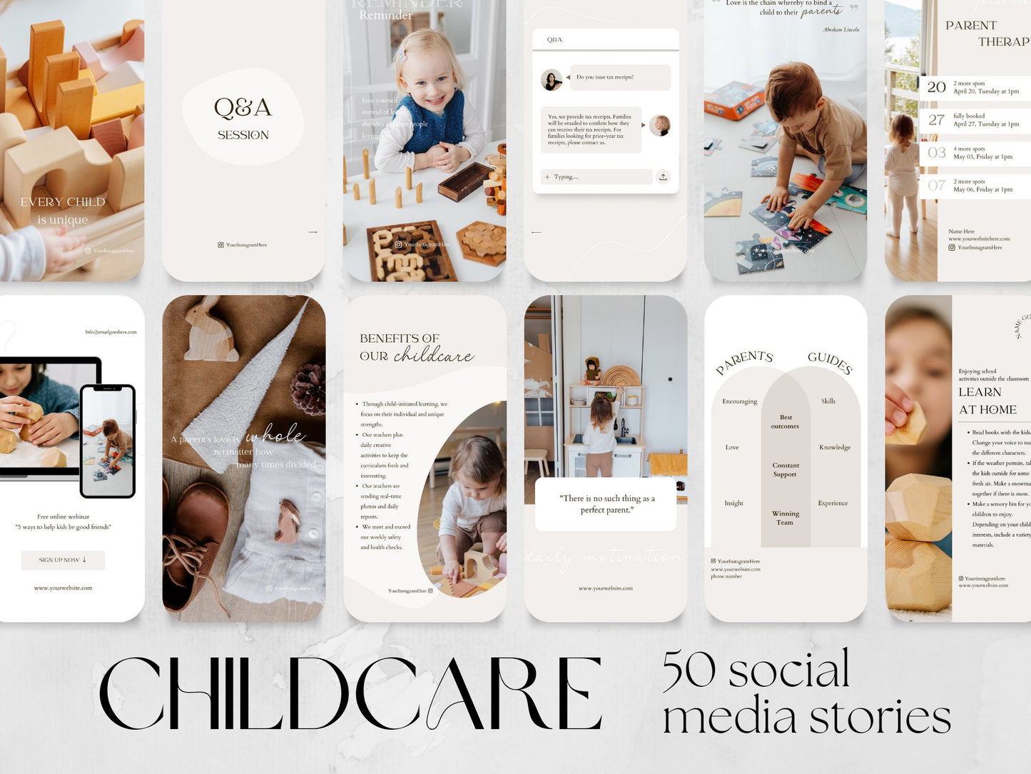 50 Childcare Story Templates made in free Canva for Social Media