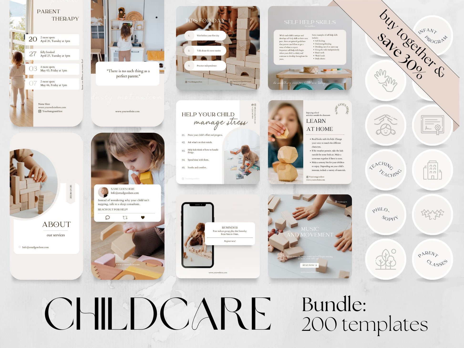 200 Childcare Bundle: Post, Story, and Highlight Cover Templates made in free Canva for Social Media