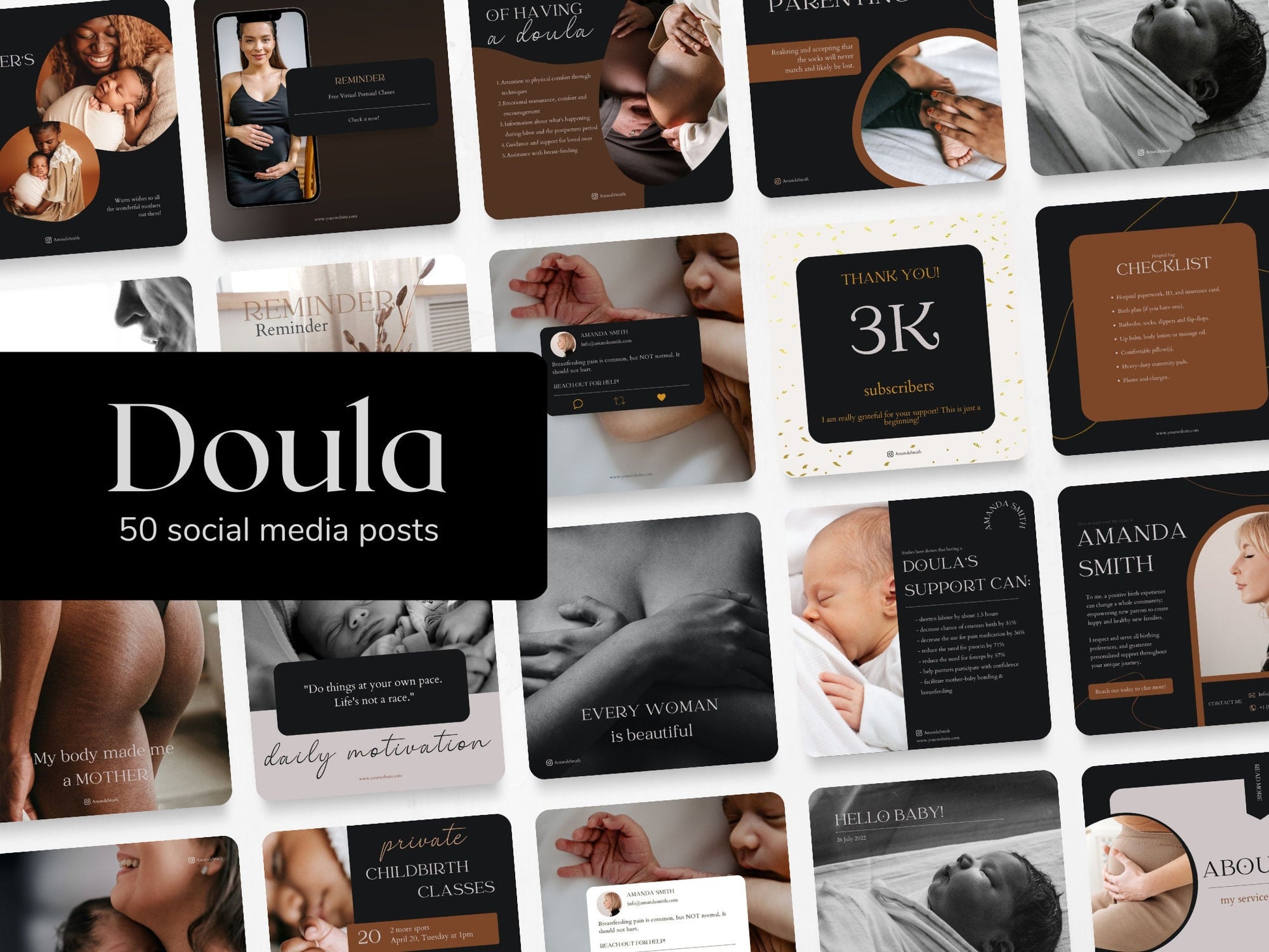 50 Doula Post Templates in Black made in free Canva for Social Media