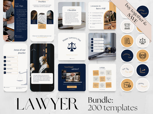 200 Lawyer Bundle: Post, Story, and Highlight Cover Templates made in free Canva for Social Media