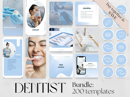 200 Dental Bundle: Post, Story, and Highlight Cover Templates made in free Canva for Social Media