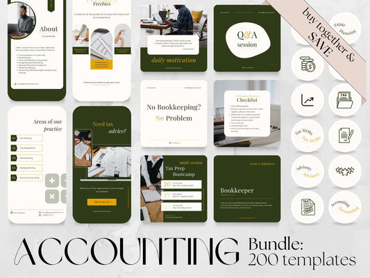 200 Accounting Bookkeeping Bundle: Post, Story, and Highlight Cover Templates made in free Canva for Social Media