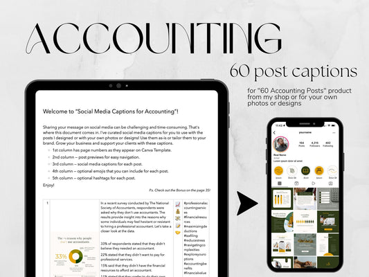 60 Post Captions for Accounting, Bookkeeping made in free Canva for Social Media