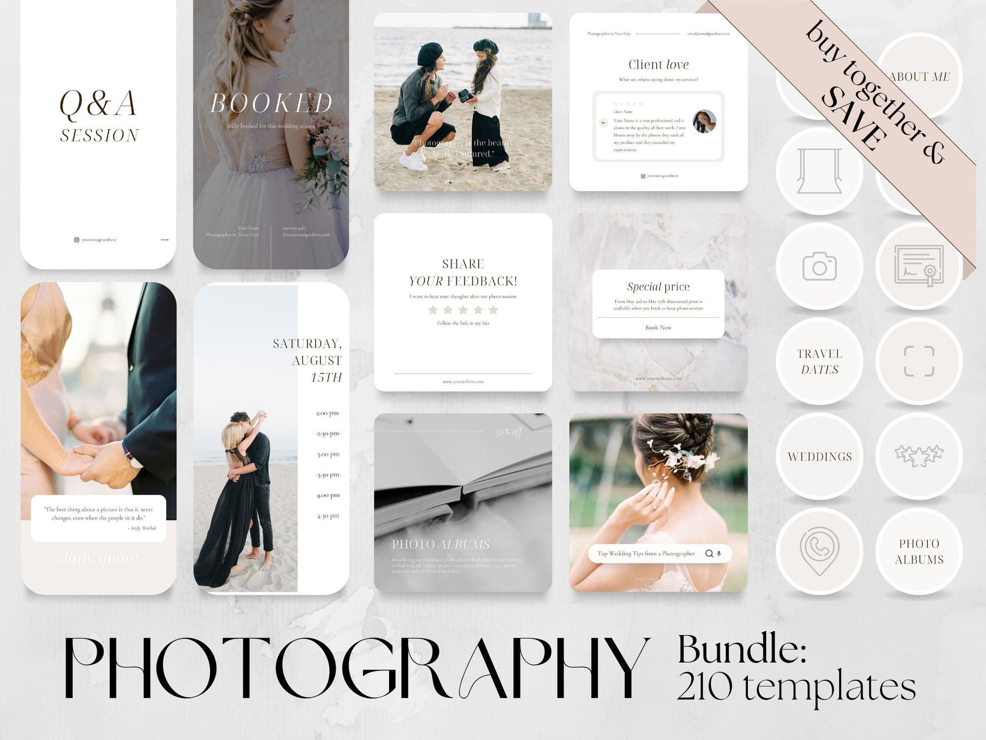 210 Photography Bundle: Post, Story, and Highlight Cover Templates made in free Canva for Social Media