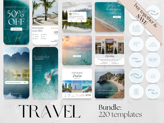 220 Travel Bundle: Post, Story, and Highlight Cover Templates made in free Canva for Social Media