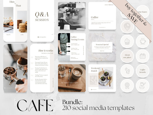 210 Cafe or Bakery Bundle: Post, Story, and Highlight Cover Templates made in free Canva for Social Media