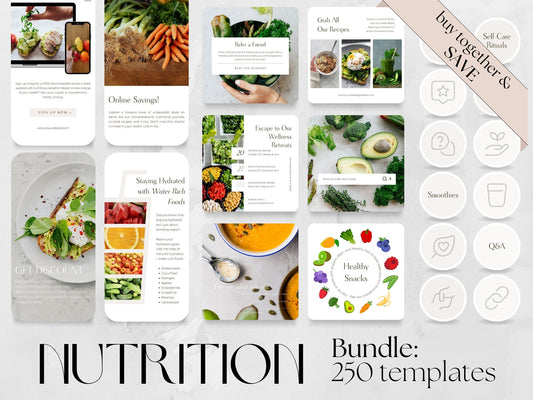 250 Nutrition Bundle: Post, Story, and Highlight Cover Templates made in free Canva for Social Media