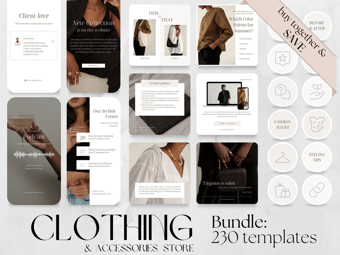 230 Fashion Bundle: Post, Story, and Highlight Cover Templates made in free Canva for Social Media