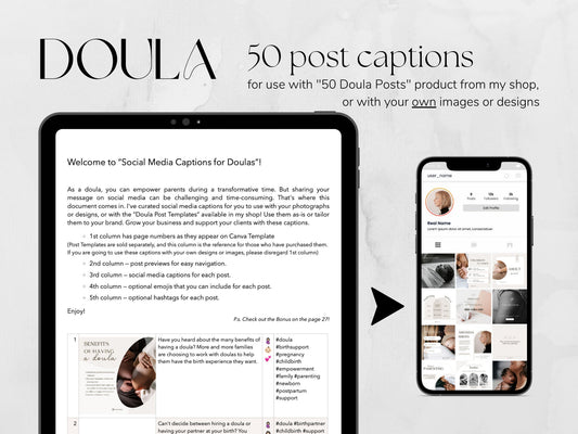 50 Post Captions for Doulas made in free Canva for Social Media