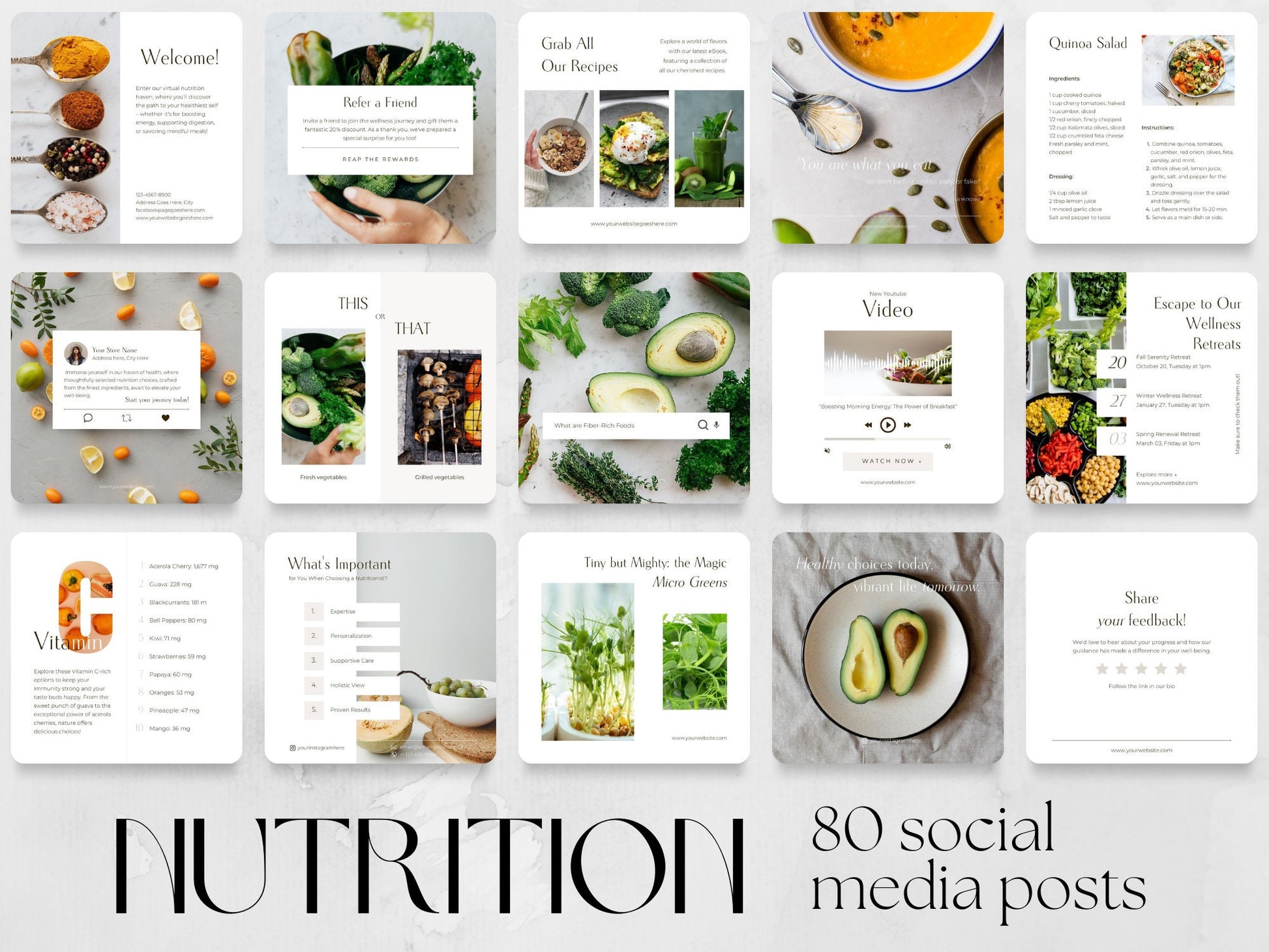 80 Nutrition Post Templates made in free Canva for Social Media