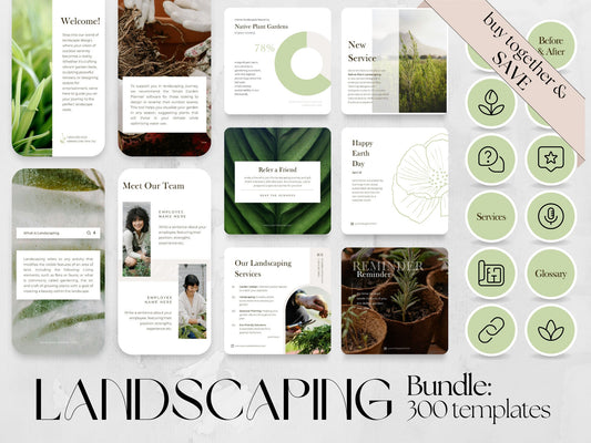 300 Landscaping or Gardening Bundle: Post, Story, and Highlight Cover Templates made in free Canva for Social Media