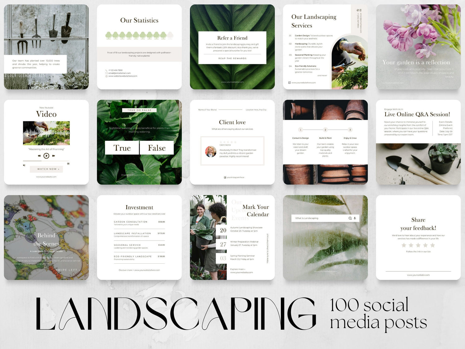 100 Landscaping or Gardening Post Templates made in free Canva for Social Media