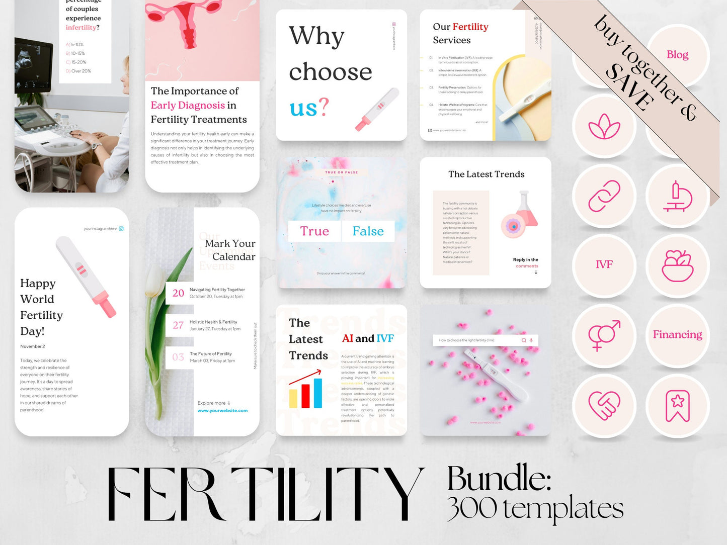 300 Fertility Bundle: Post, Story, and Highlight Cover Templates made in free Canva for Social Media