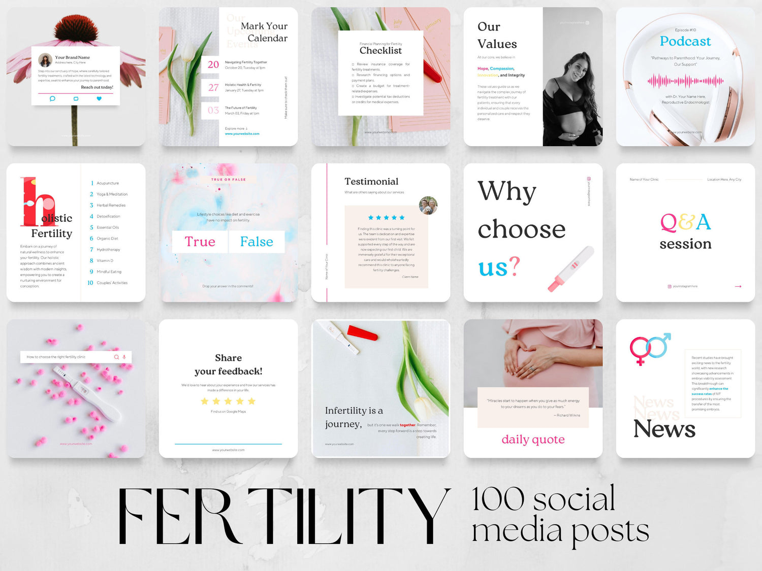 100 Fertility Post Templates made in free Canva for Social Media