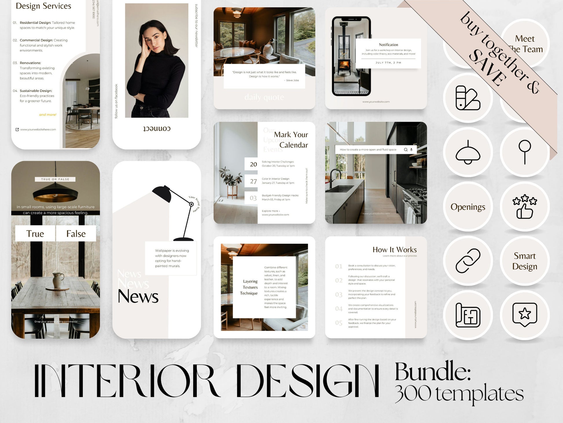 300 Interior Design Bundle: Post, Story, and Highlight Cover Templates made in free Canva for Social Media