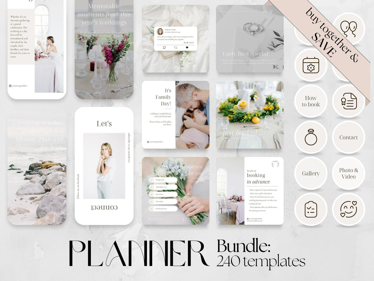 240 Wedding Planner Bundle: Post, Story, and Highlight Cover Templates made in free Canva for Social Media