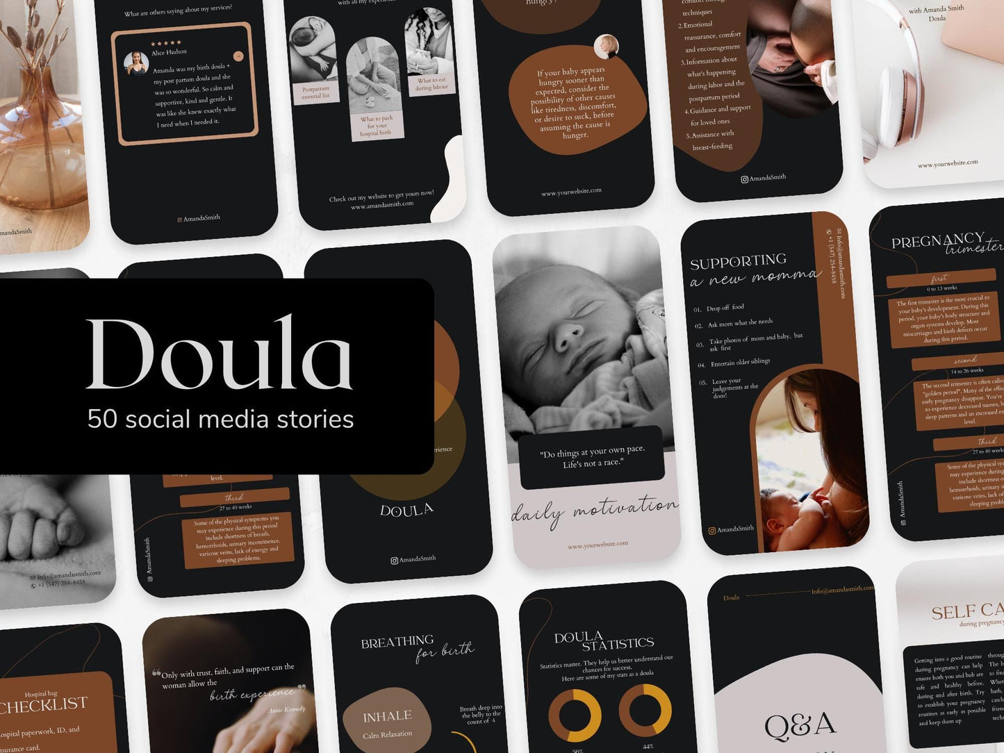 50 Doula Story Templates in Black made in free Canva for Social Media