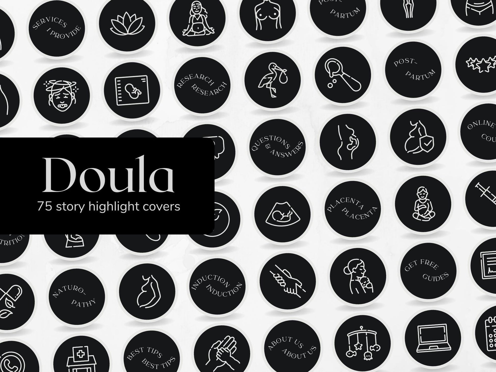 75 Doula Story Highlight Cover Templates in Black made in free Canva for Social Media