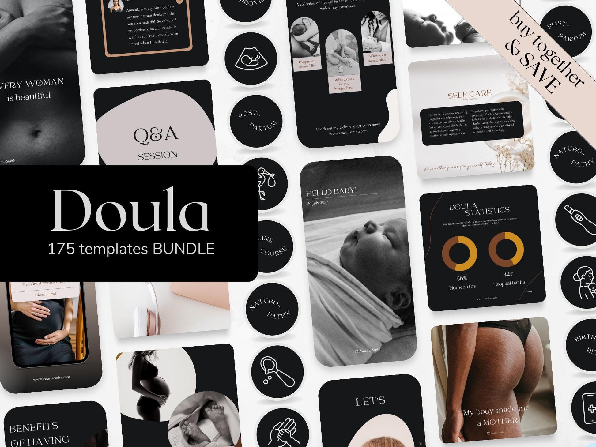 175 Doula Bundle: Post, Story, and Highlight Cover Templates in Black made in free Canva for Social Media