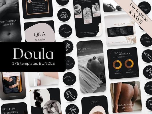 175 Doula Bundle: Post, Story, and Highlight Cover Templates in Black made in free Canva for Social Media