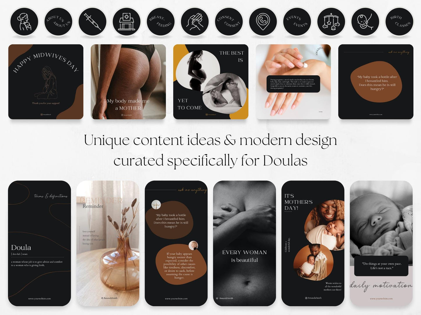 175 Doula Bundle: Post, Story, and Highlight Cover Templates in Black