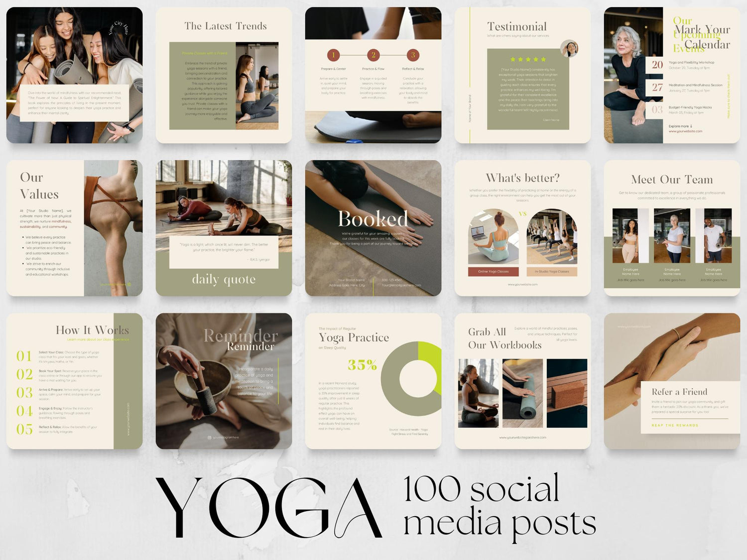 100 Yoga Post Templates made in free Canva for Social Media