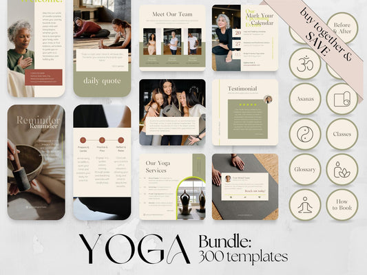 300 Yoga Bundle: Post, Story, and Highlight Cover Templates made in free Canva for Social Media