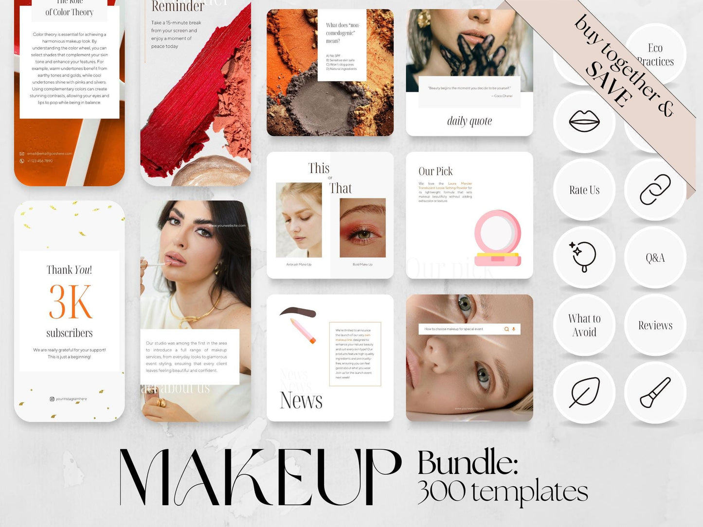 300 Beige Make Up Bundle: Post, Story, and Highlight Cover Templates