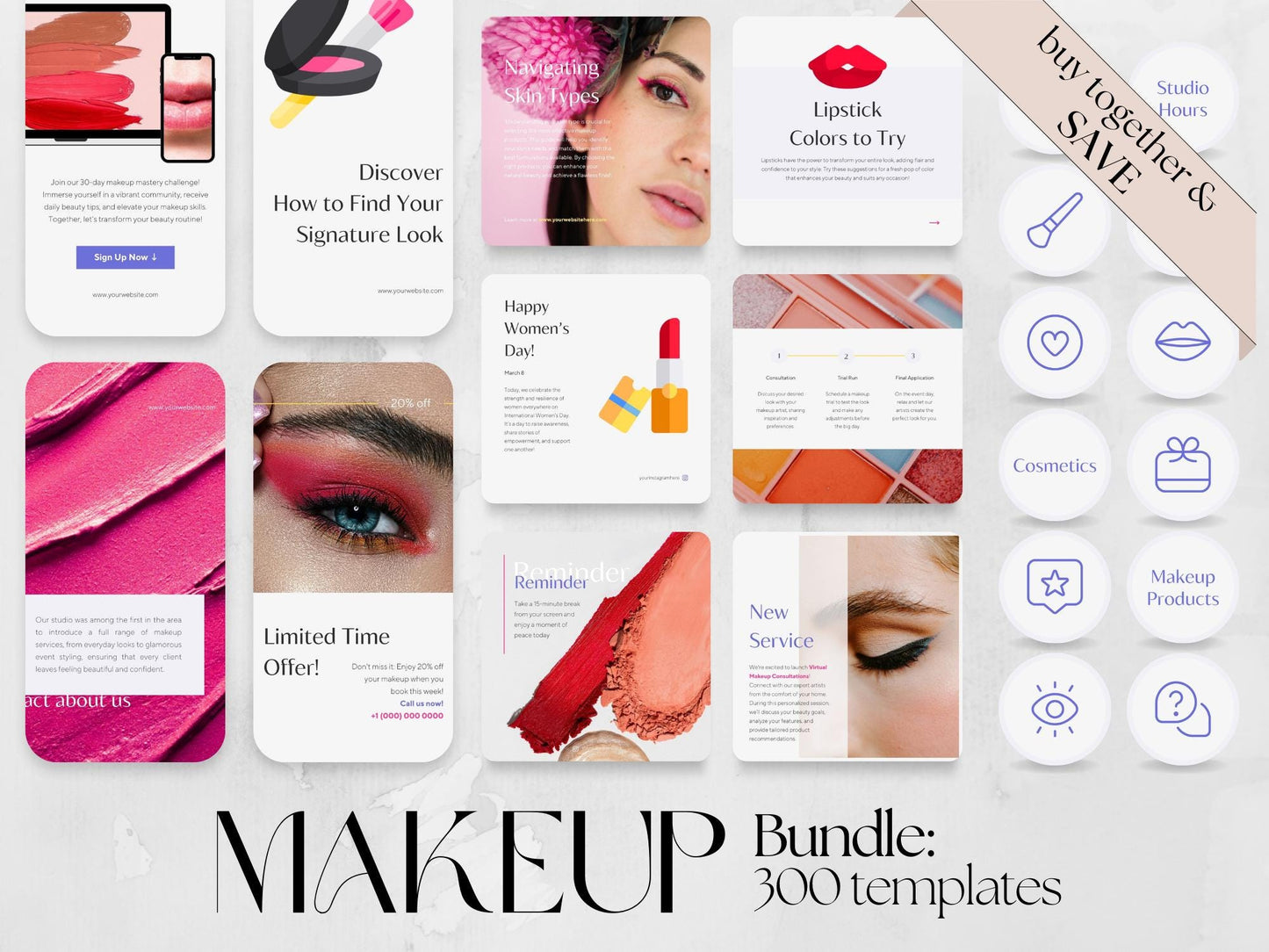 300 Colourful MakeUp Bundle: Post, Story, and Highlight Cover Templates